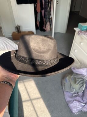 Anthropologie Black Wide-Brim Wool Fedora with Embroidered Band